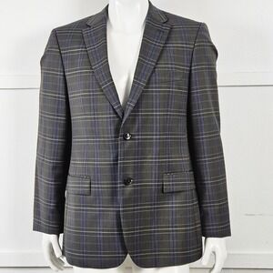 Hugo Boss Paolini Mens 40R Blazer Grey Blue Plaid Check 2-Button Sport Coat